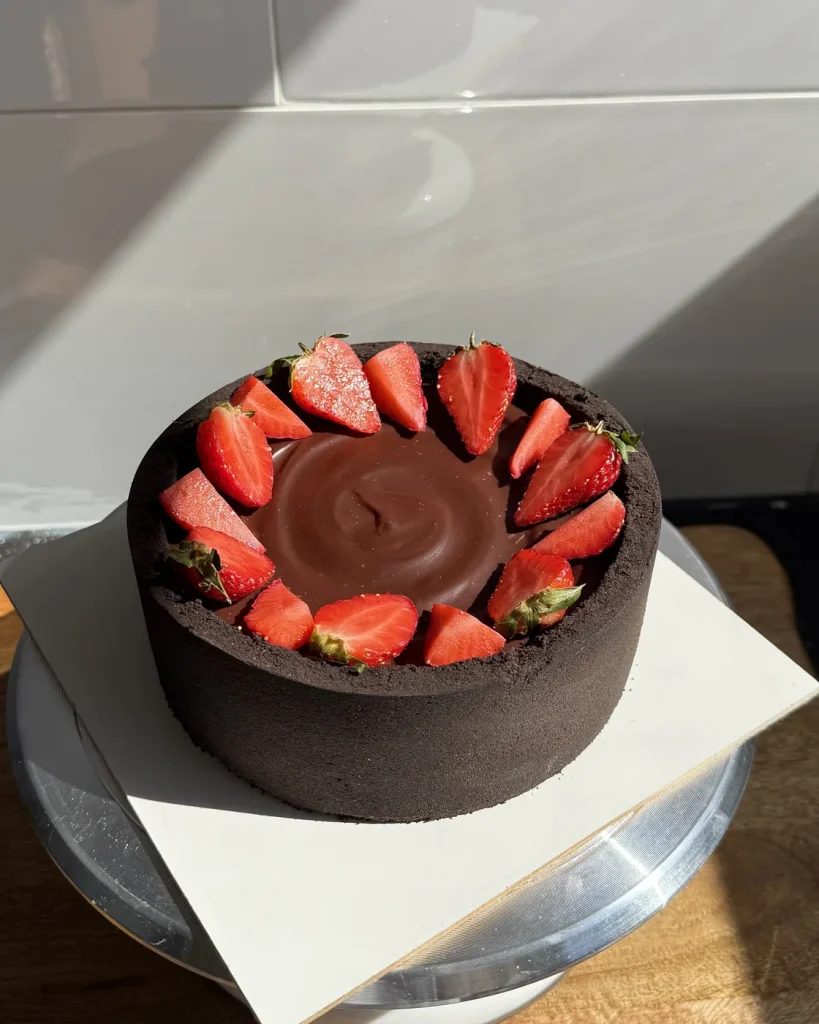 Cheesecake doble chocolate y Oreo decorado con frutillas